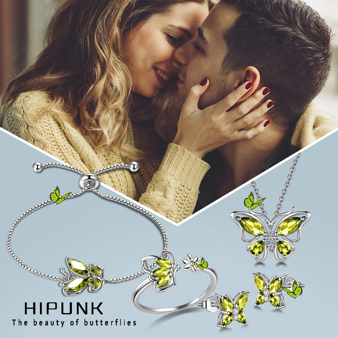 Hipunk Butterfly Green Jewelry Sets Birthstone Women 925 Sterling Silver August-Peridot Birth Stone Animal Butterflies Jewelry Sets/Earring/Ring/Bracelet Set Crystal Birthday Jewelry SS0003A