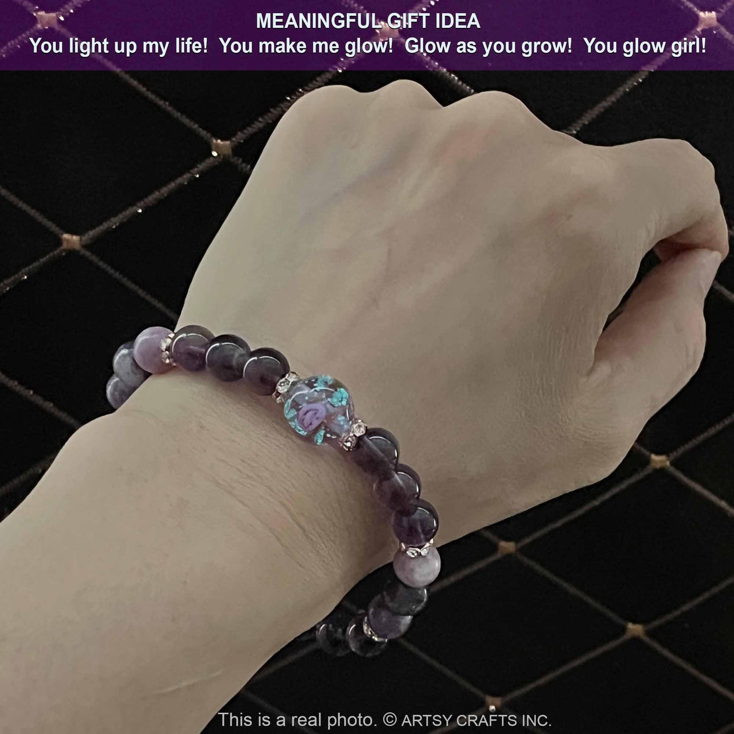 ARTSY Crafts Glow in The Dark Firefly Beads Bracelet, Handmade in USA, Luminous Murano Glass Beads Jewelry Mermaid Crystals Inspirational Gift (Amethyst - Stretch)