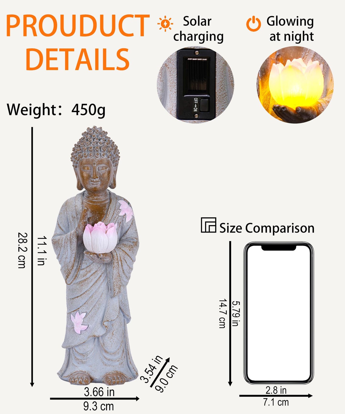 Nacome Solar Buddha Garden Statue Decor: Resin Zen Decor Waterproof Sitting Figurine with Lotus Flower Light Design for Outside Patio Lawn Yard Balcony - 11 inches(White)
