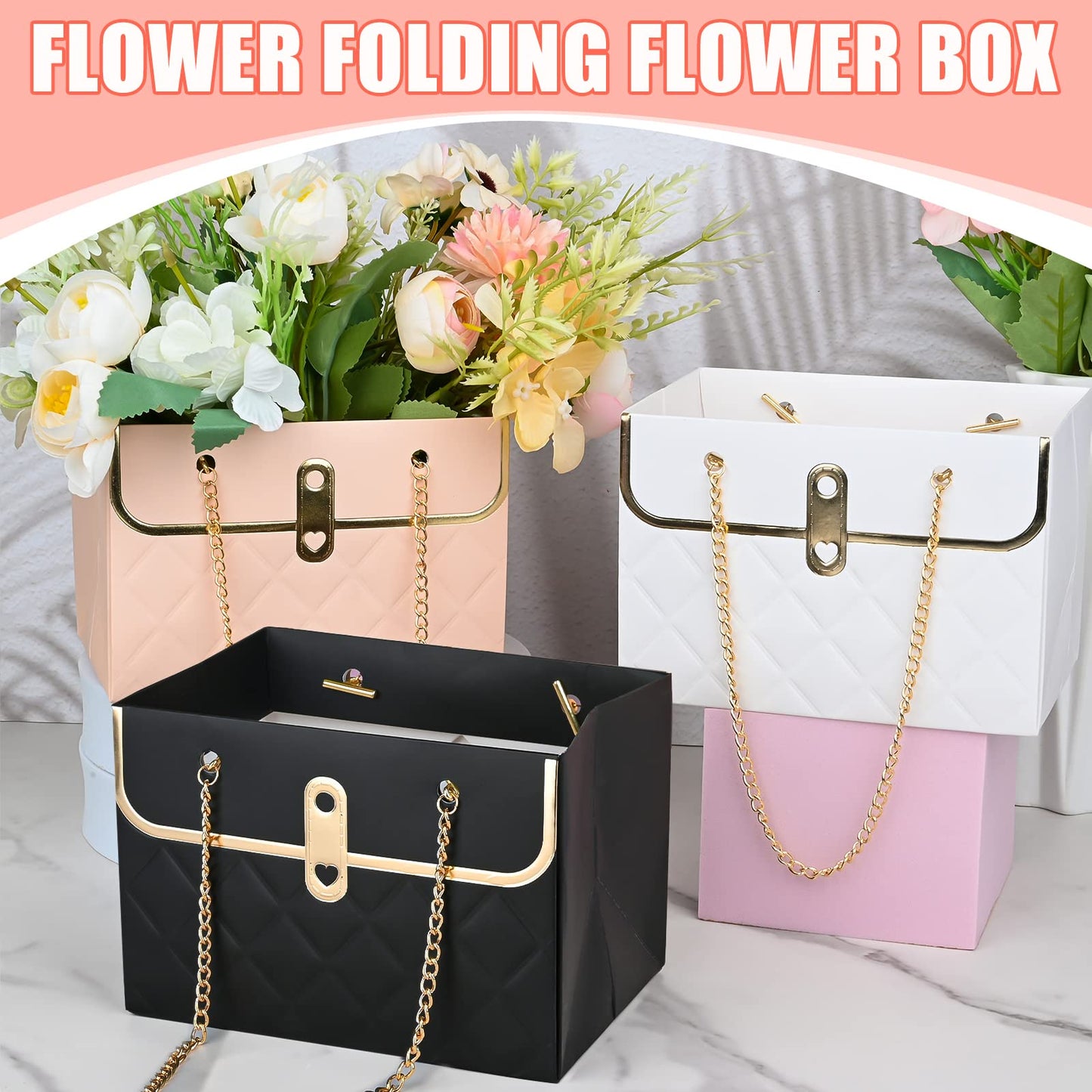 VAIPI 15 Pcs Flower Paper Gift Box with Metal Chain Flower Paper Gift Bags Flowers Bouquet Storage Bucket Florist Bag Floral Wrap Box for Valentines Mothers Day Wedding Party Supplies