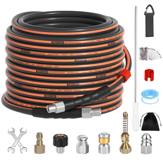 Sewer Jetter Kit for Pressure Washer, 1/4" NPT Corner Drain Cleaner Hose 5800 PSI with Sewer Jetting Nozzles, Pearl Corsage Pin, Waterproof Tape, Extension Cord Organizer&2 Spanner