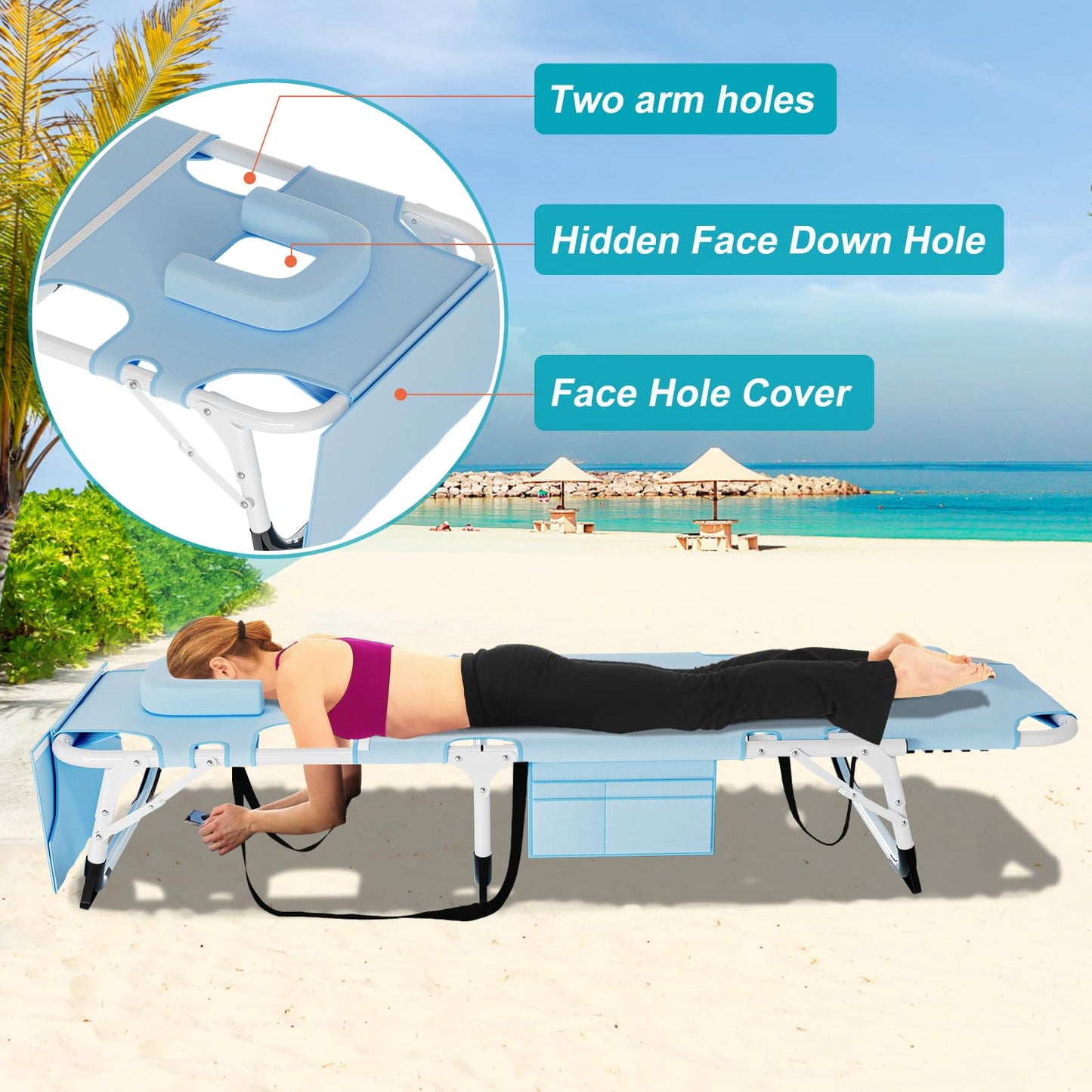 ABORON Heavy Duty Tanning Chair, Outdoor 5-Position Folding Chaise Lounge Chair with Pad, Portable Beach Lounge Chair for Outdoor Sunbathing Patio Pool Lawn Deck Poolside