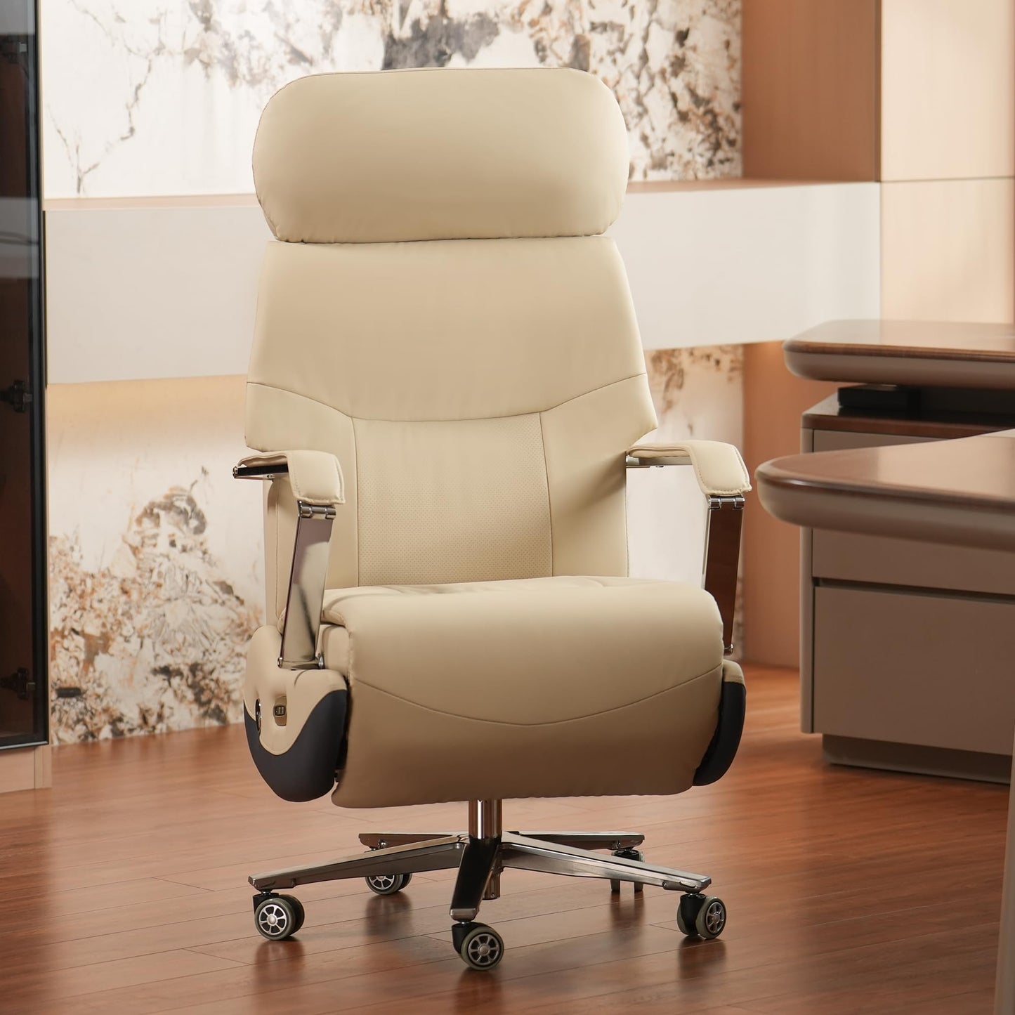 Kinnls Carlo Ergonomic Power Recliner Chair for Long Hours, Leather Electric Luxury Office & Home Desk Chair with Back Heating and Ventilation, 3-Speed Cooling, 400Lbs Capacity (Light Coffee)