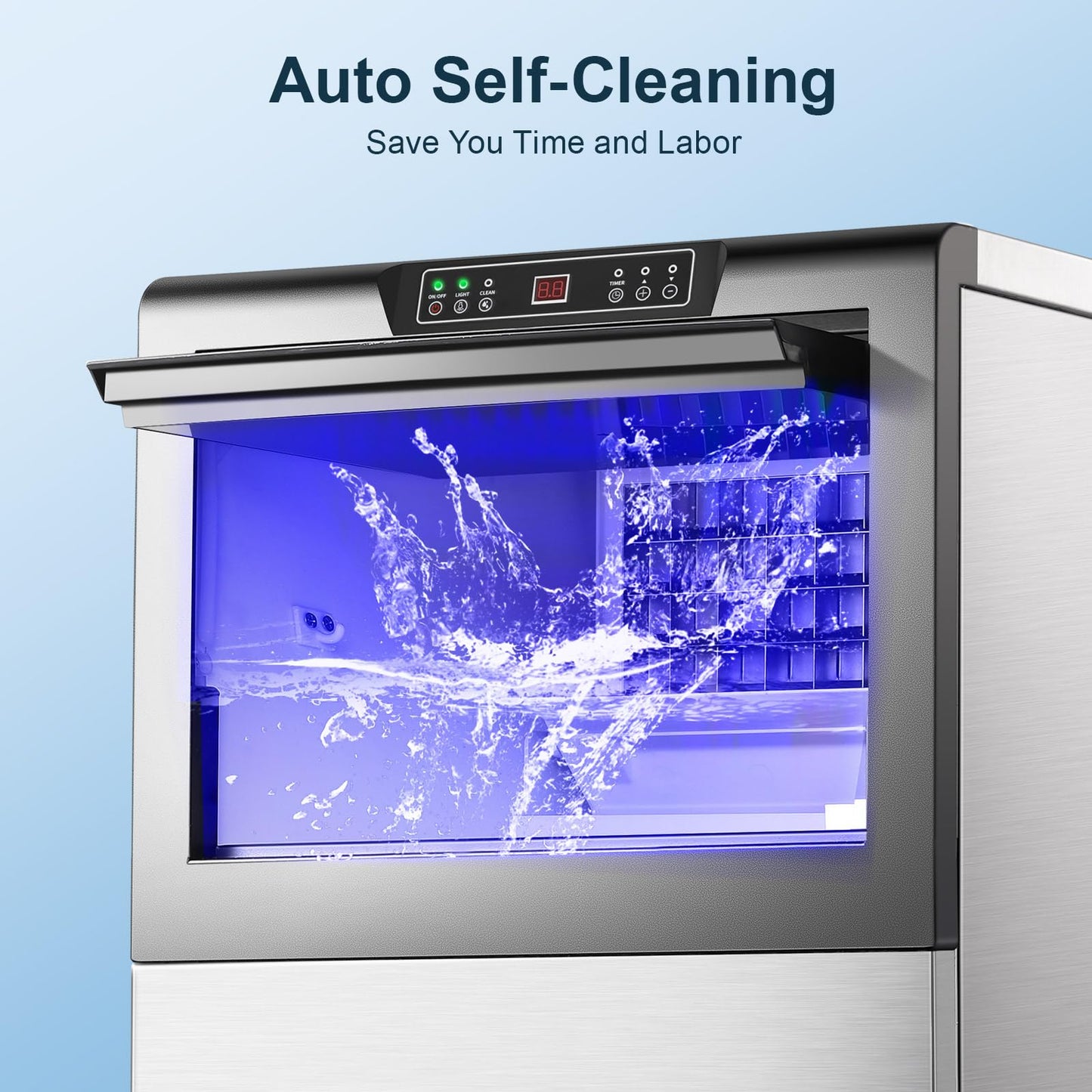 Amzgachfktch Commercial Ice Maker, 150lbs/24H Ice Maker Machine with 50lbs Ice Storage, Self-Cleaning, LED Digital Display, Blue Light, Under Counter/Freestanding Ice Machine for Home Bar Restaurant