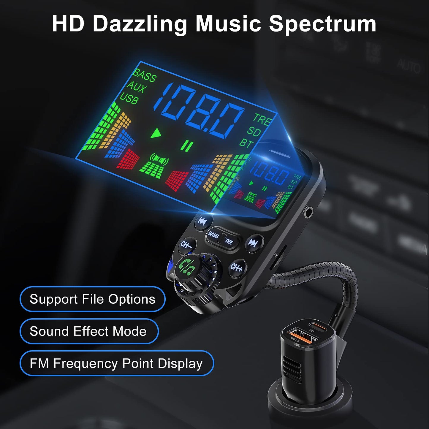 Bluetooth 5.3 FM Transmitter for Car SOARUN Bluetooth Car Adapter PD30W & USB Port Fast Charge, HiFi Treble & Bass Player, 1.6" Display Hands-Free Calling Truck Radio with AUX Input/Output, TF Card