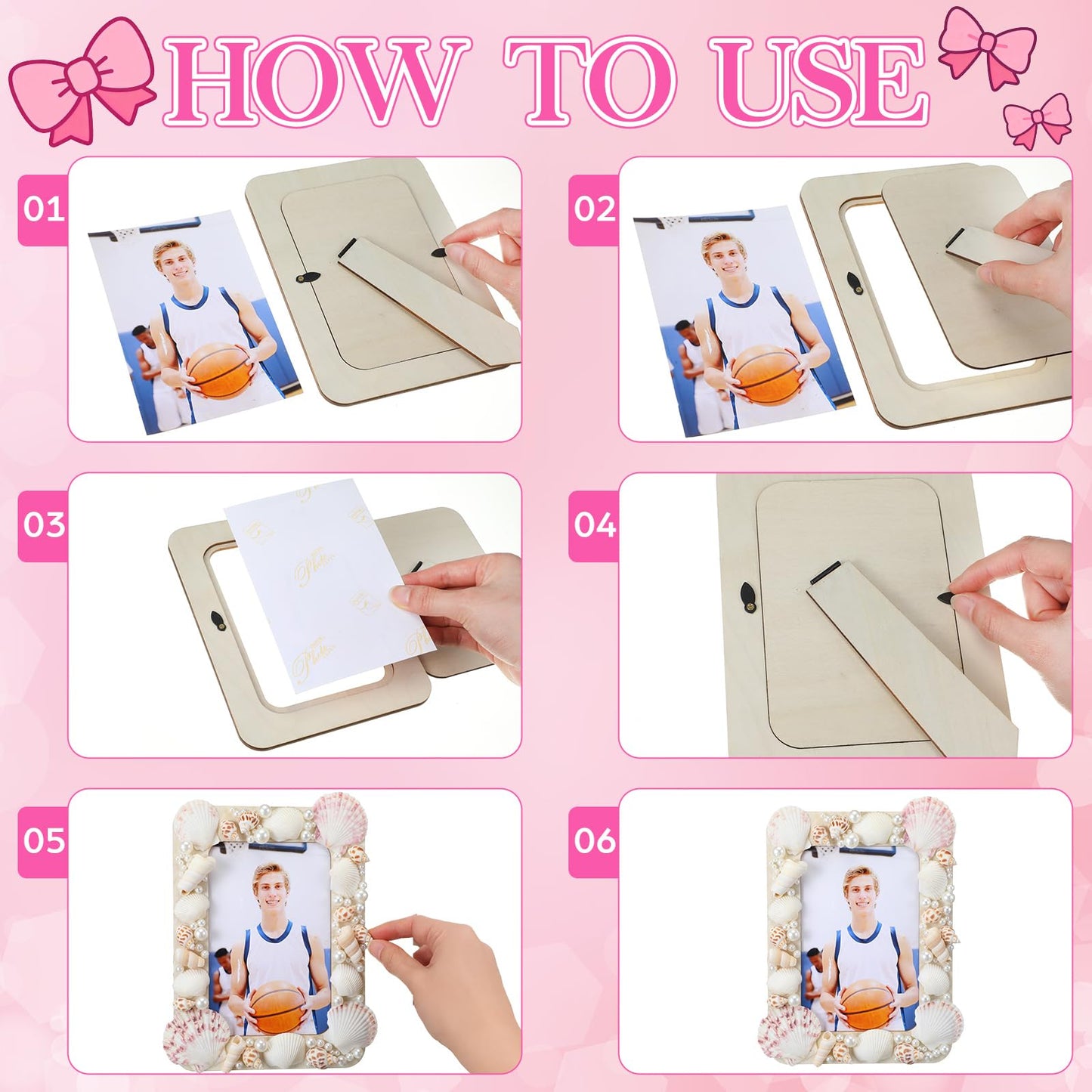 Yousoontic 10 Sets DIY Picture Frame Craft Kit for 4" x 6" Photos Unfinished Wooden Craft Photo Frames with Shells Pearls and DIY Tools Set Art Gift for Friends Family Summer Party Decoration