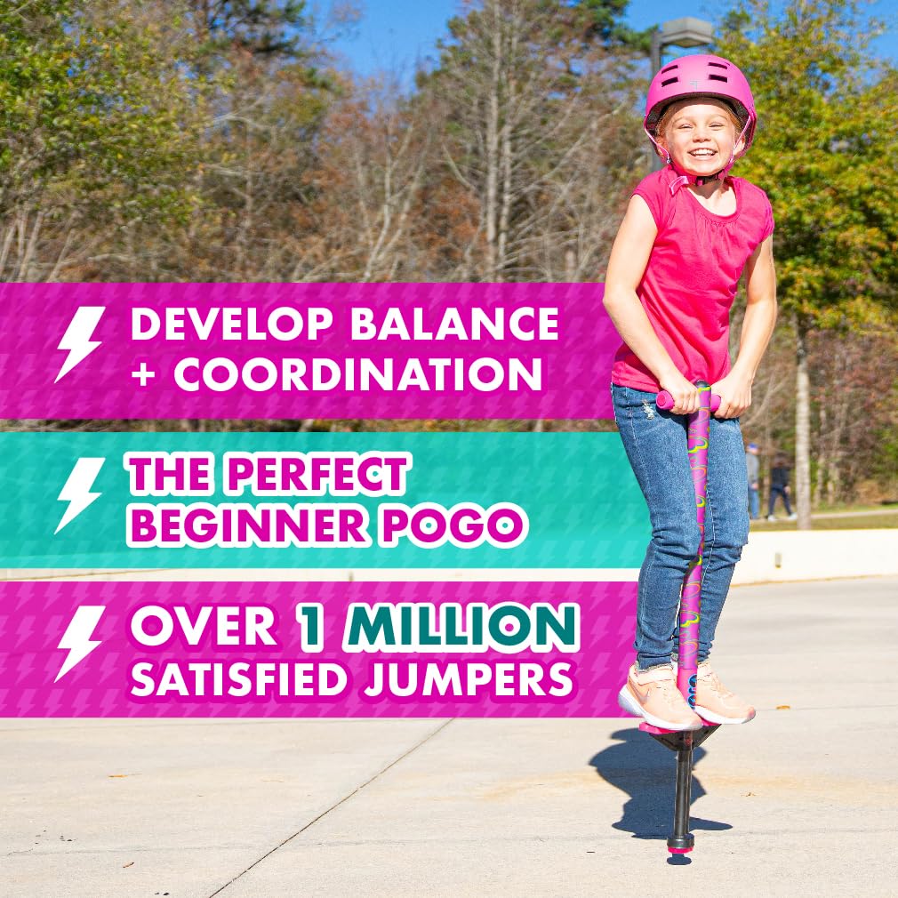 Flybar Jolt Pogo Stick for Kids, Perfect for Beginners w/Foam-Covered Metal Frame, Handles & Padding, Non-Slip Foot Pads, Wide Tip, Outdoor Active Play Toy for Boys & Girls, Ages 6+, Pink Hearts