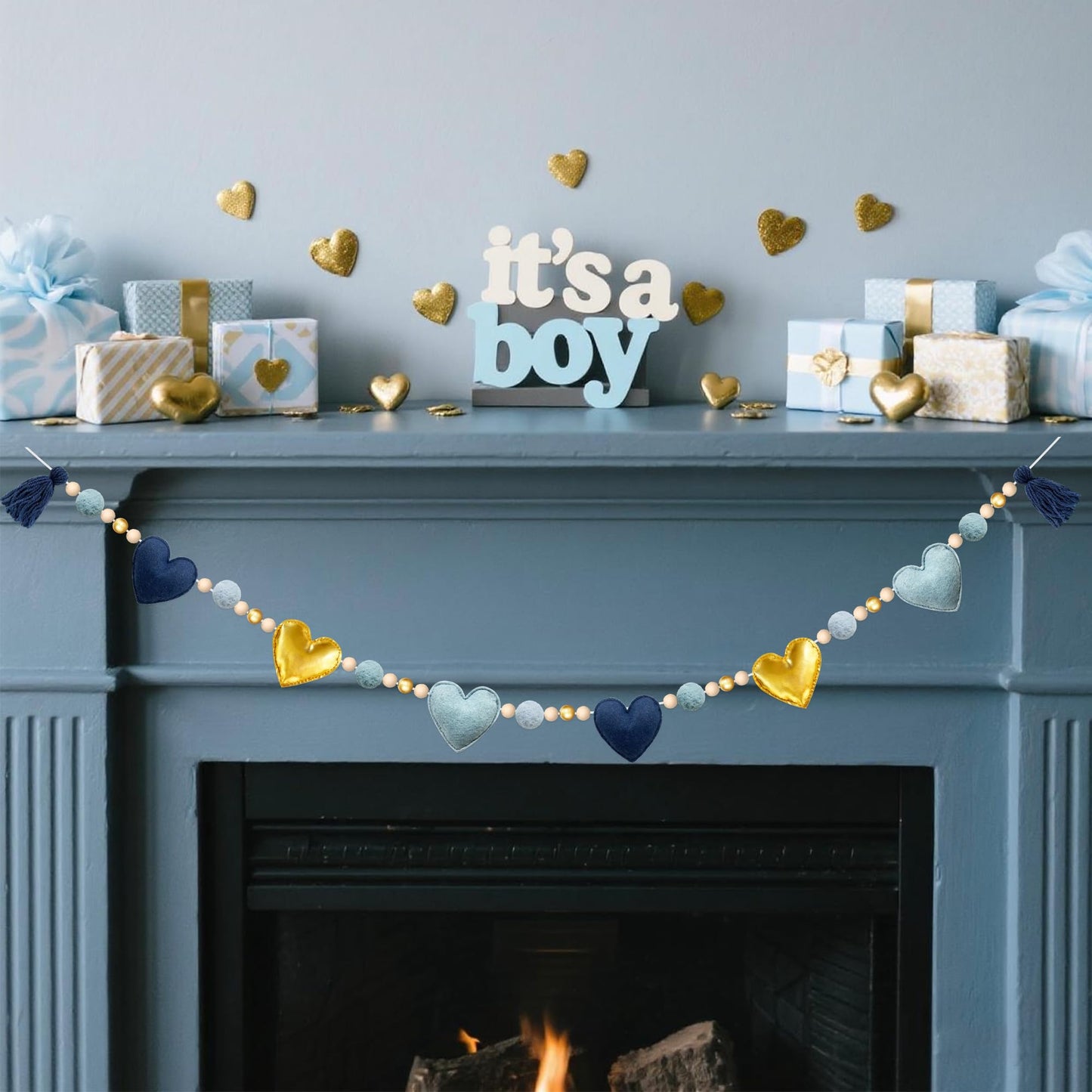 Dusty Blue Gold Heart Decorations Handmade Pre-Strung Felt Heart Banner Wool Felt Ball Wooden Bead Garland for Birthday Baby Shower Anniversary Valentines Day Nursery Classroom Fireplace Home Decor