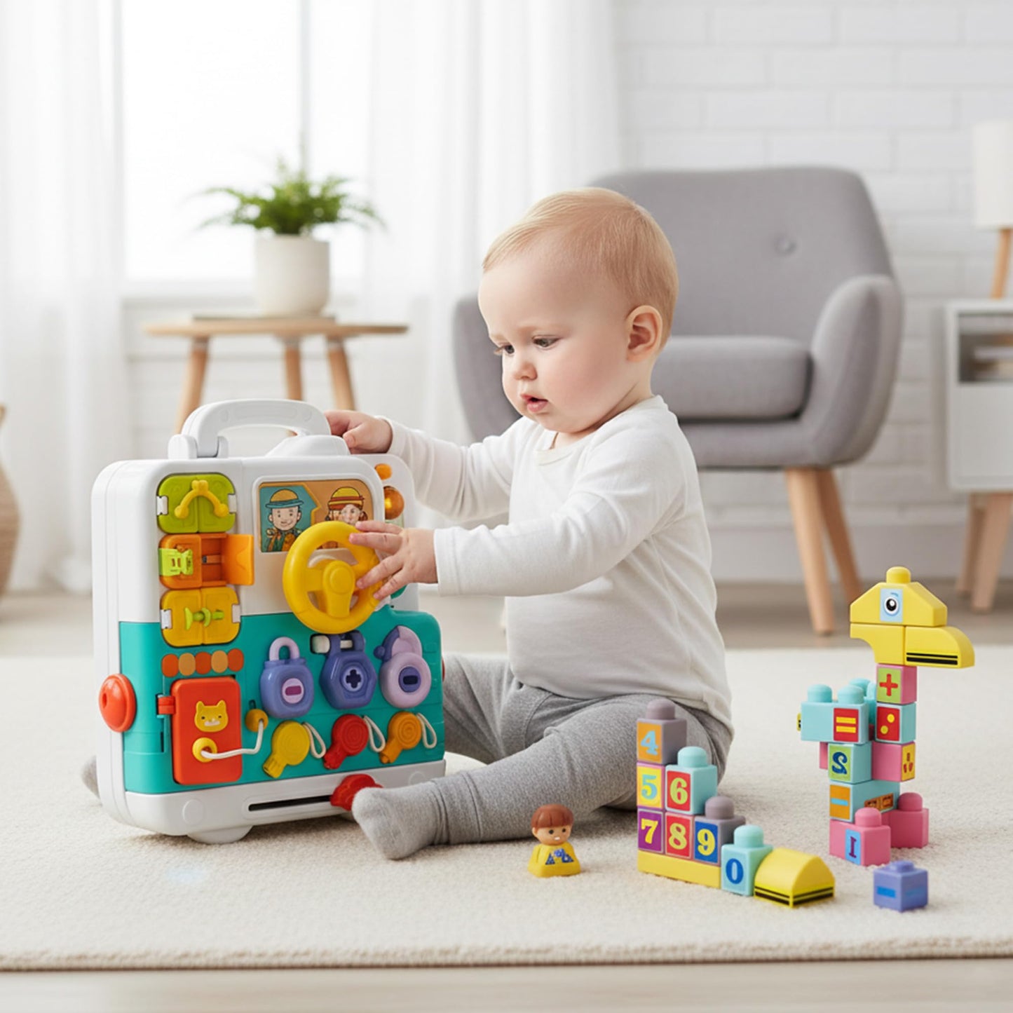 ROHSCE Baby Soft Blocks 34 PCS + Montessori Busy Board, Blocks 6-12 Months, STEM Stacking Toys, Sensory Activity Board Toddlers 1-3, Lights & Music, Travel Toy Airplane/Car, Gifts for Boys Girls