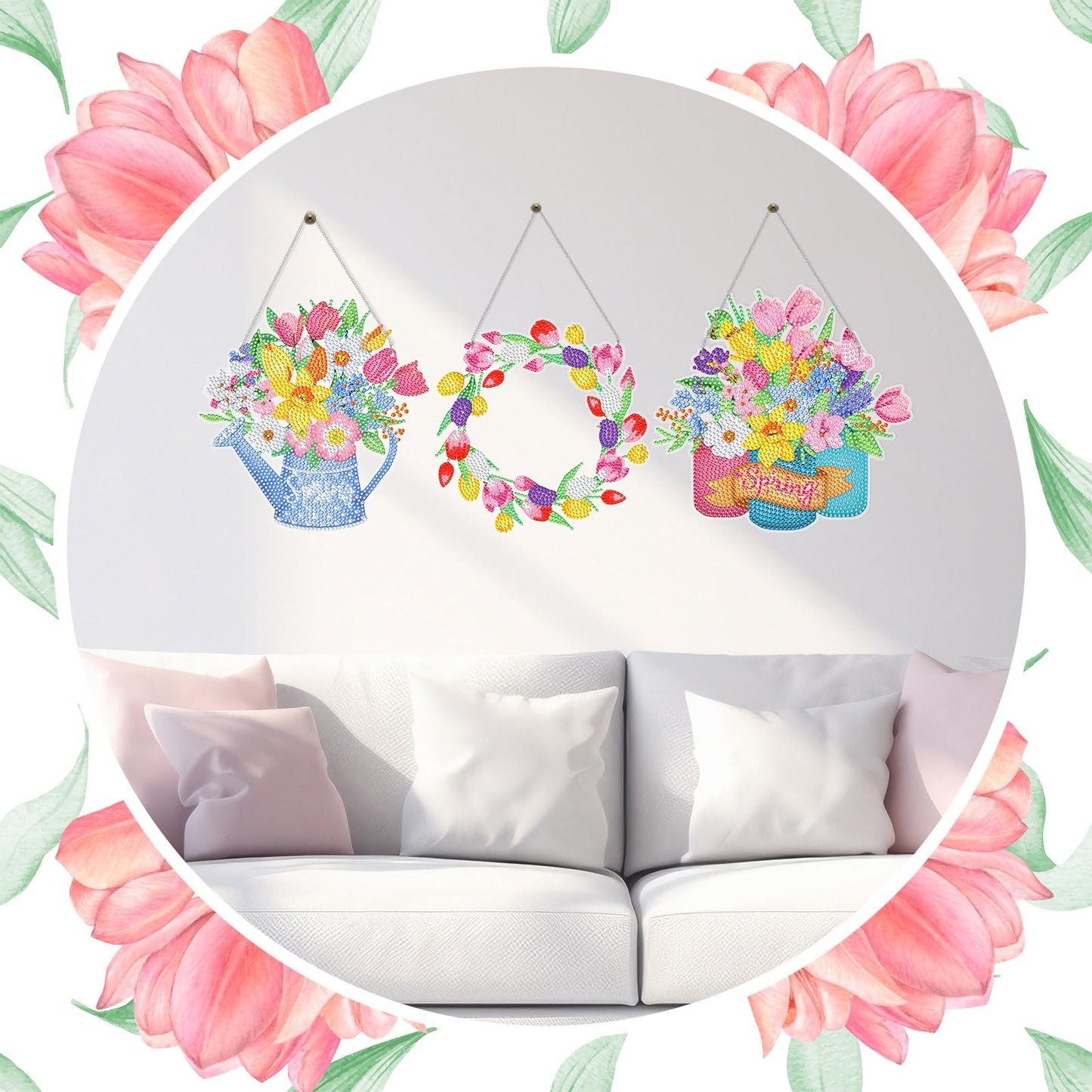 Menkxi 3 Pcs Spring Diamond Art Kits for Adults Spring Flowers Diamond Painting Kits 5d DIY Wreath Tulip Spray Bottle Crystal Painting Hanging Sign for Beginners Craft Supplies Door Wall Window Decor