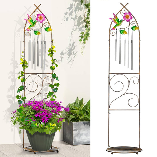 Plant Stands with Garden Trellis, 48” Metal Standing Wind Chimes Plant Pot Trellis with Hummingbird for Garden Patio Backyard Climbing Plants Outdoor Decor