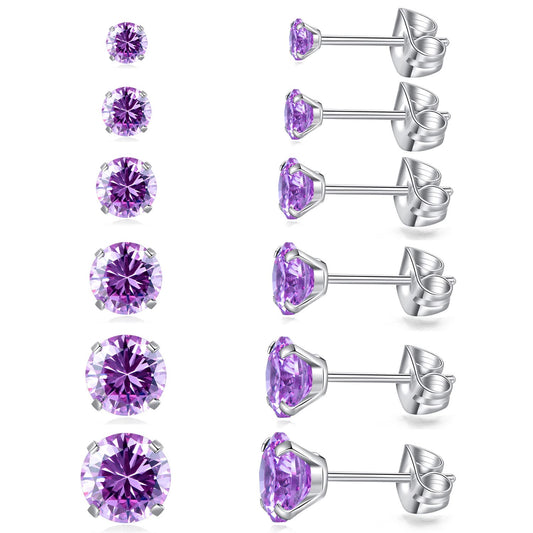 6 Pairs Stud Earrings Set, Hypoallergenic Cubic Zirconia Earrings 316L Stainless Steel CZ Earrings 3-8mm (Purple CZ)