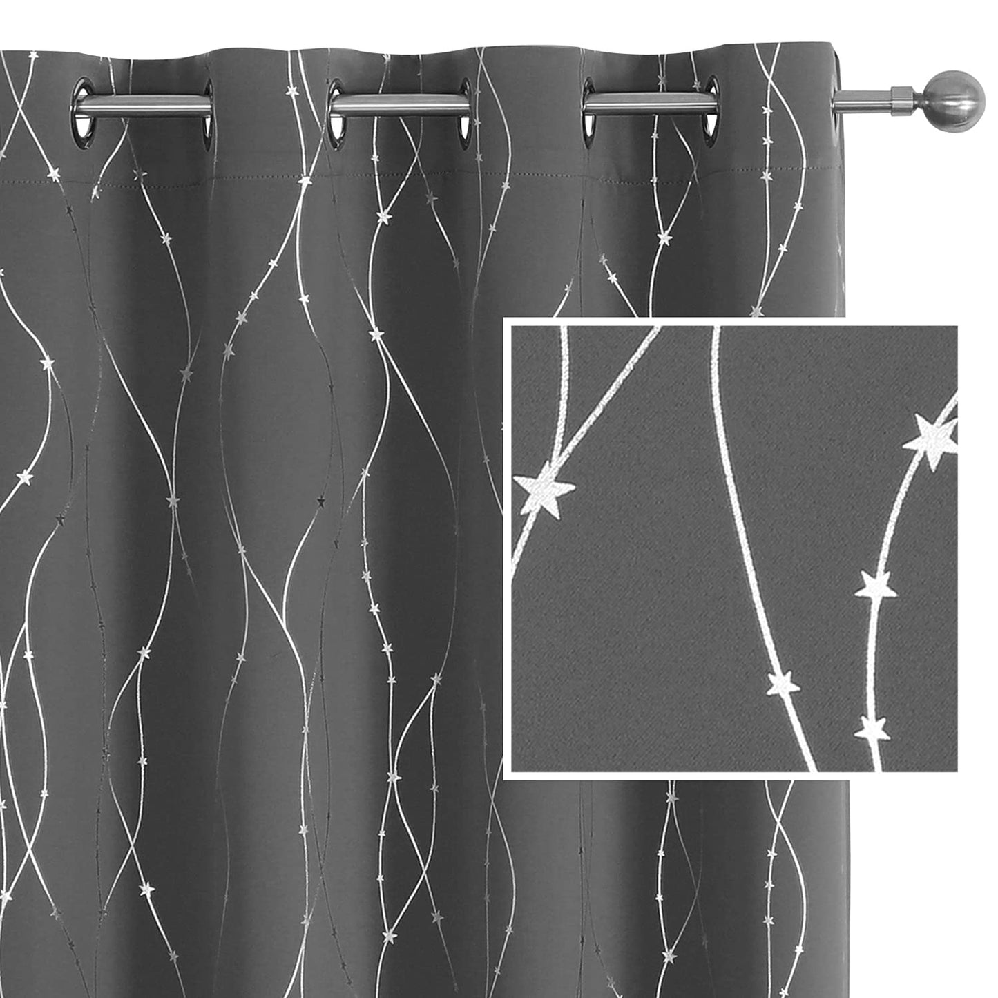 SMILE WEAVER Grey Blackout Curtains for Living Room 63 Inch Long 2 Panels,Room Darkening Curtain-Star Print Design Noise Reducing Thermal Insulated Light Blocking Bedroom Window Drapes