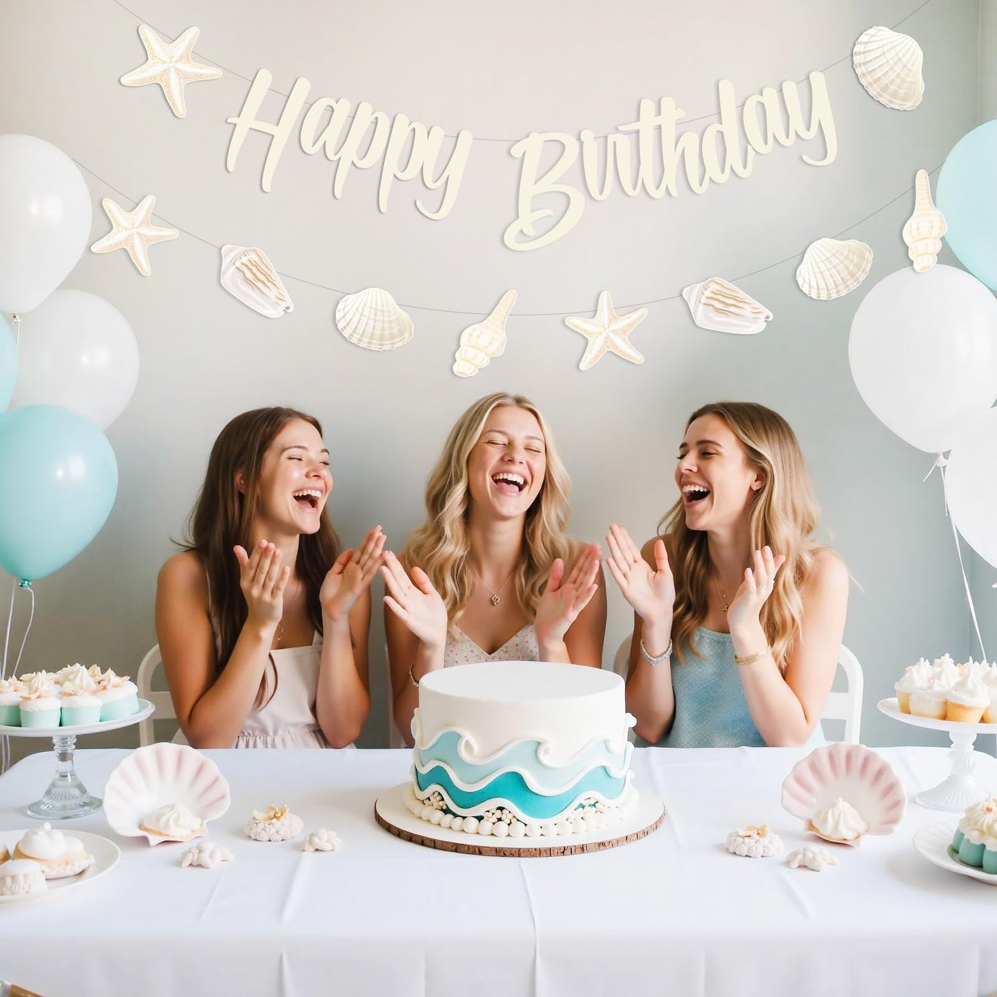 Kreatwow Sea Shell Happy Birthday Banner Beach Seashell Birthday Decorations Garland Beach Shell Party Decorations Ocean Themed Costal Seashell Starfish Party Under The Sea Mermaid Bday Decoration