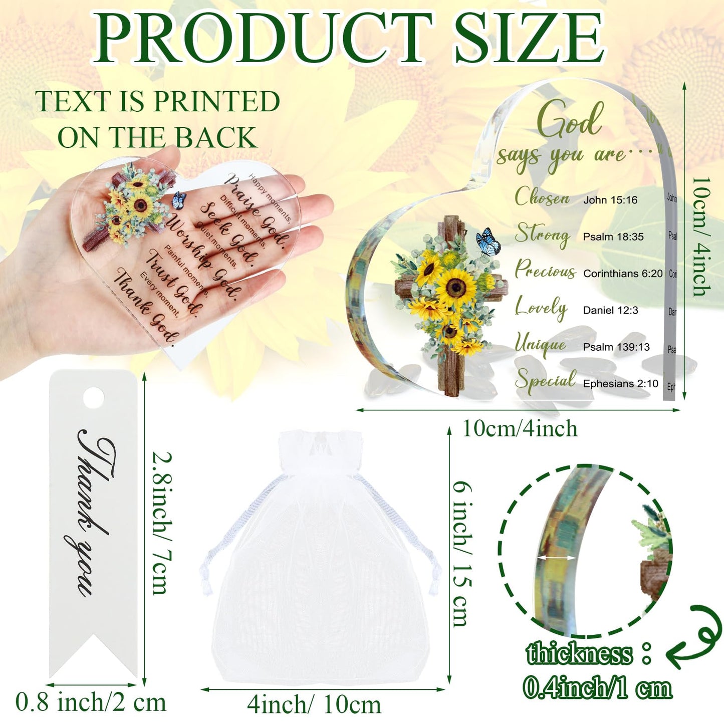 12 Set Acrylic Christian Gifts Inspirational Bible Verse Gifts Set Include 12 Sunflower Heart Paperweight 12 Organza Bags 12 Thank You Cards Scripture Religious for Women Men Christmas