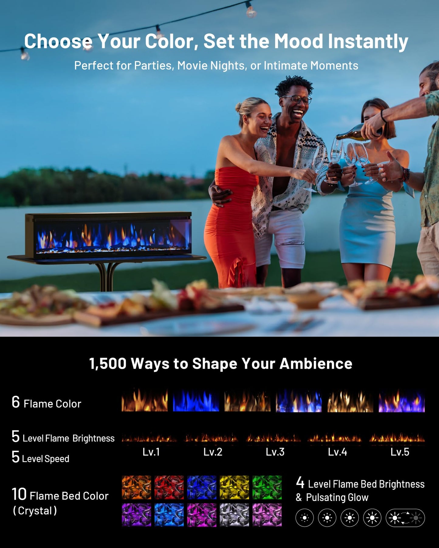 WALL FLAMEBAR Electric Fireplace Freestanding, Wall Mounted, Movable w/TV Stand – WiFi Enabled,750/1500W Heater, 1500 Flame Color Combinations, for Living Room or Bedroom, Modern 40" Wide