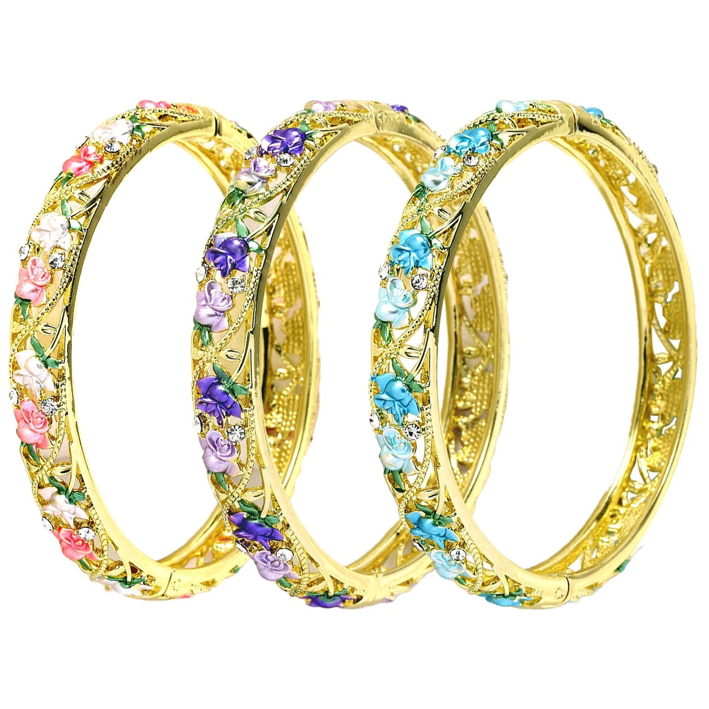 FIVESWEET Trendy 18K Gold Plated Bangle Bracelets Set for Women, Enamel Craft Jewelry-Floral Element , Retro Fashion Palace Style, Zinc Alloy with Rhinestones, 2.4Inch Diameter Fits Most Adults, Perfect Jewelry Gift Idea for Her, Girlfriend, Wife, Mom, Si