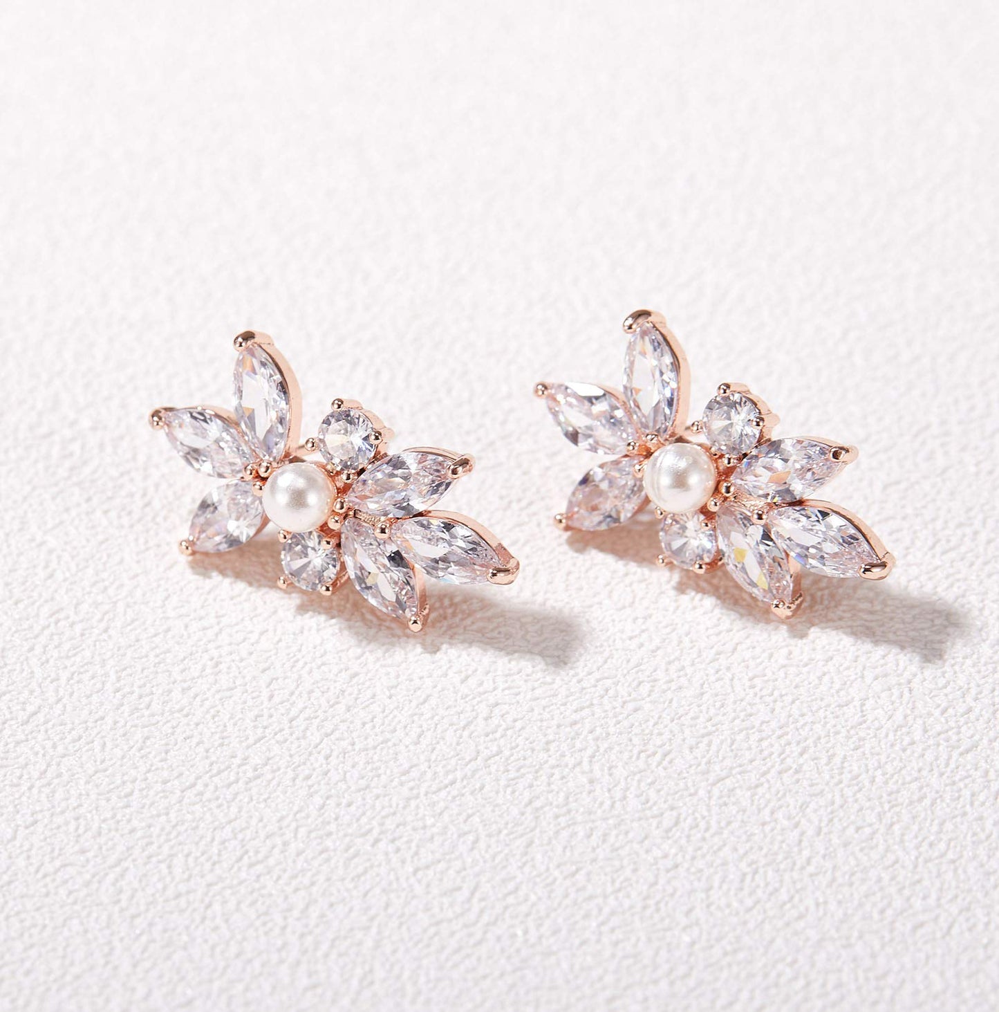 SWEETV Marquise Cubic Zirconia Wedding Bridal Stud Earrings for Brides Bridesmaids, Rose Gold Plated Crystal Pearl Rhinestone Stud Earrings for Women Prom Party Jewelry Gifts