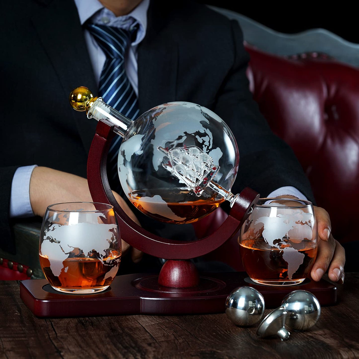 PONPUR Gifts for Men Dad Valentines Day, Whiskey Decanter Globe Set with 2 Ball Stones & 2 Glasses, Anniversary Birthday Gifts for Him Husband Boyfriend Brother, Cool Stuff Gift for Bourbon Scotch