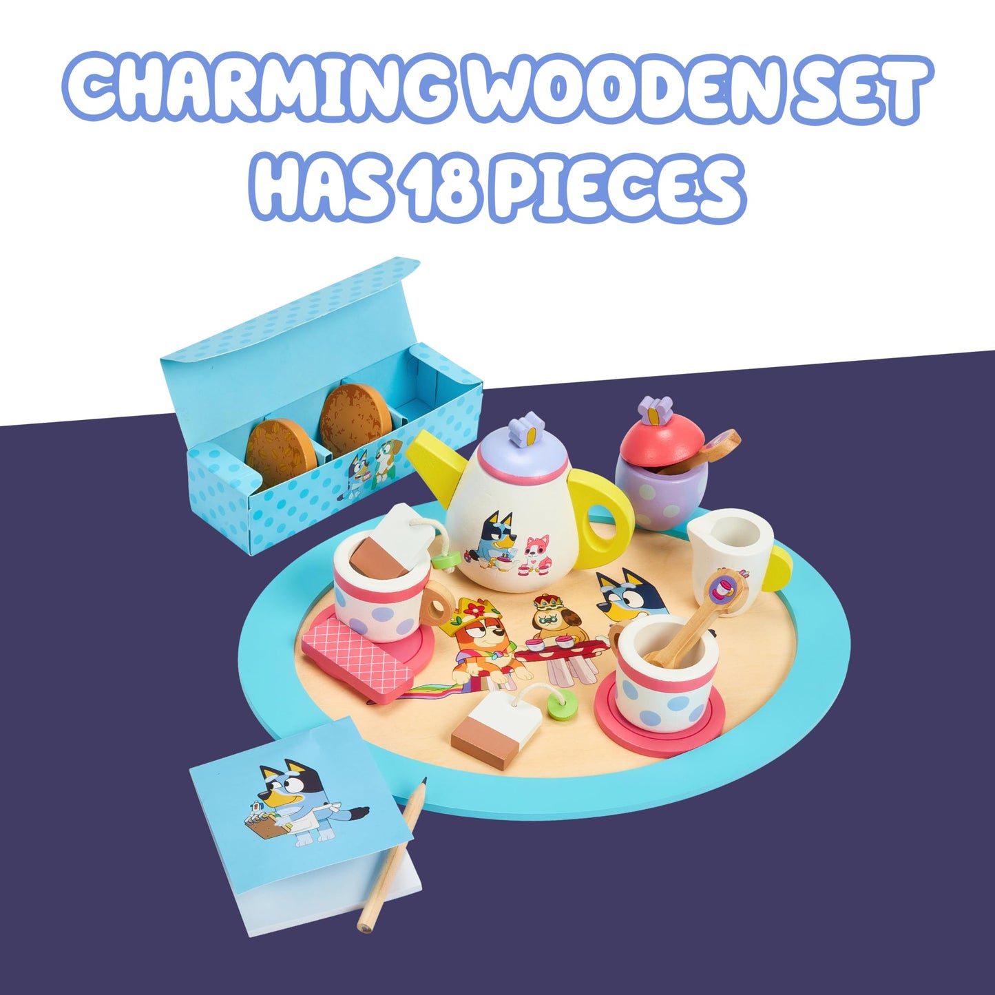 8th Wonder Bluey Toys Wooden Tea Party Set, 18-Piece Durable Toy Tea Set with Tray, Teapot, Teaspoons, and More, Pretend Play for Toddlers of Ages 3+