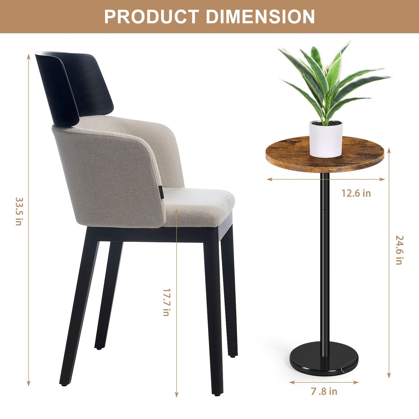OYEAL Drink Side Table Small Round Cocktail Table for Patio Outdoor Pedestal Side Table Coffee Table with Black Marble Base for Sofa Couch, Rustic Brown & Black