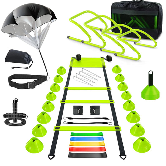 Haootadiy Agility Training Equipment, Football Training Equipment Includes 20FT Agility Ladder,4 Adjustable Agility Hurdles, 16 Football Cones, Parachute, for Training Soccer Athletes（Green）