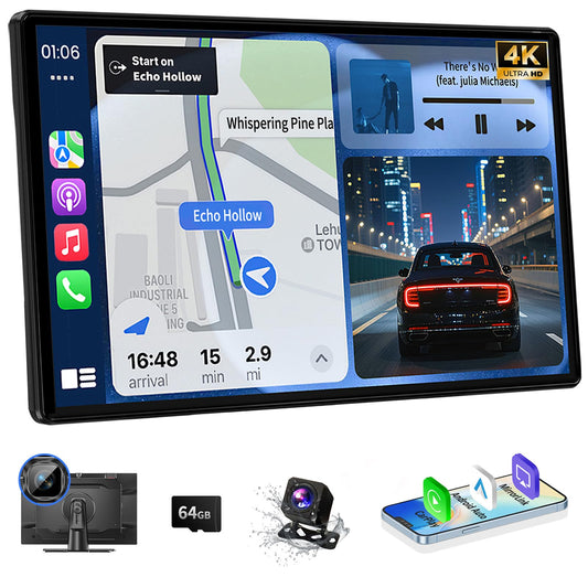 Wireless A pple Carplay Screen Carplay Screen for Car 11" with 4K Dash Cam 1080P Backup Camera, Car Stereo for Carplay & Android Auto GPS Navigation/Bluetooth/Mirror Link/Voice Control/AUX/FM/Siri