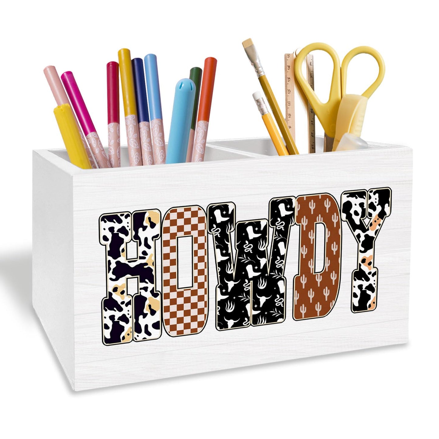 METNBASYY Rustic Western Pen Holder for Desk, Howdy Cowboy Pencil Organizer, Retro Cow Print Checkered Cactus Country Cowboy Western Wooden Box Sign Desk Decor for Home Office Decoration