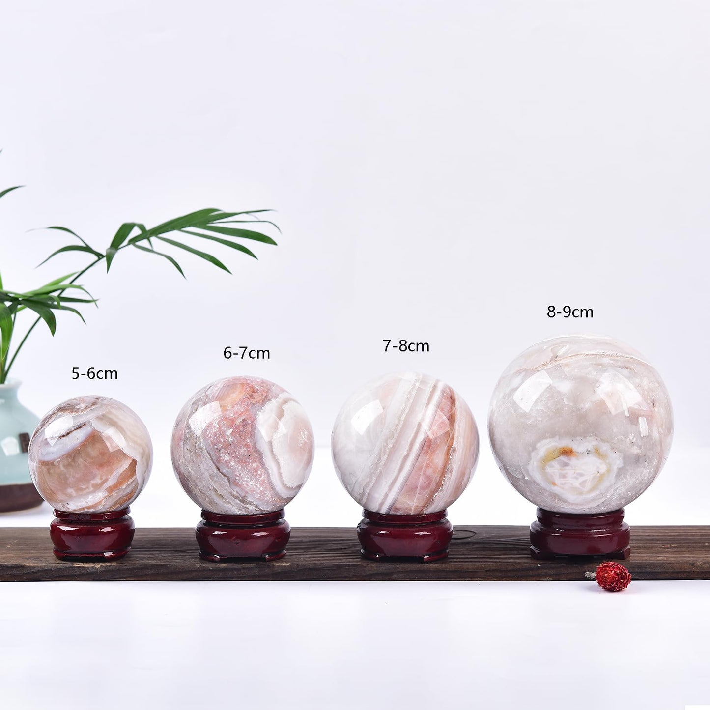 JIC Gem Natural Pink Agate Crystal Sphere Pink Crystal Decorative Ball with Wooden Stand Meditation Balls for Witchcraft Reiki Healing Gift 50-60mm