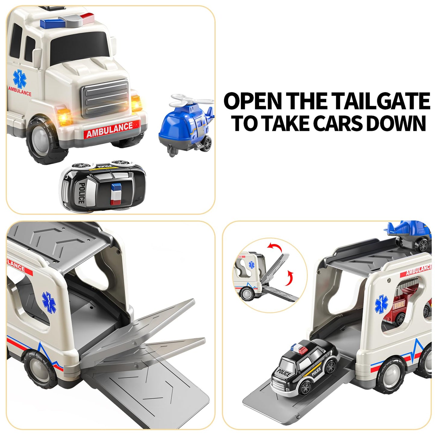 TEMI 5 Pack Ambulance Vehicle Toddler Truck Toys for 3 4 5 6 Year Old Boys, Friction Powered Cars with Toy Helicopter, Police Car, Fire Truck, Ambulance Car, Birthday Gifts for Girls Age 3-9