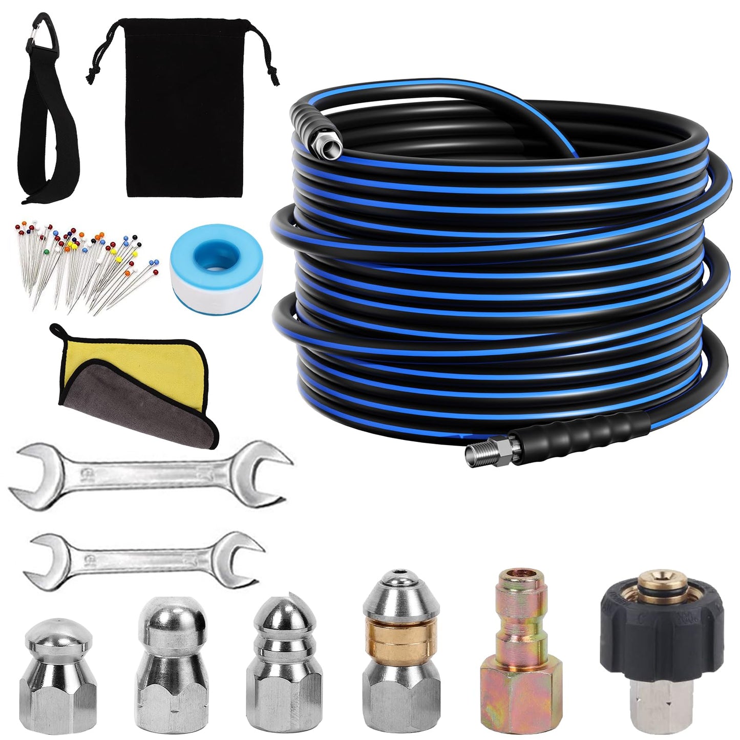 AMOPRO Sewer Jetter Kit for Pressure Washer, 5800PSI Drain Cleaner Hose 1/4 Inch NPT Corner Rotating and Button Nose Sewer Jetting Nozzle Spanner Watertight Tape Pearl Corsage Pin Handle Strap (50FT)