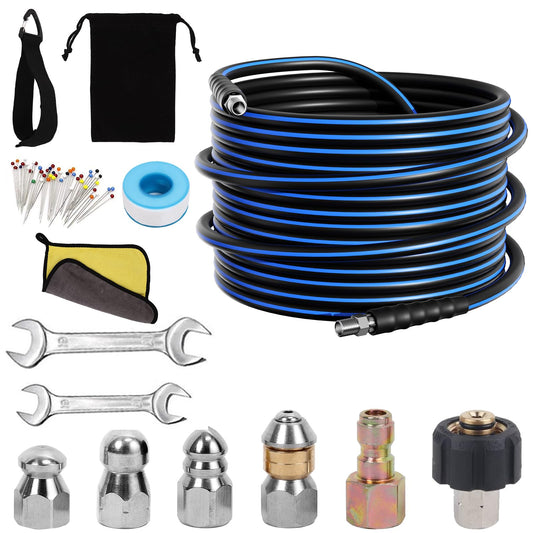 AMOPRO Sewer Jetter Kit for Pressure Washer, 5800PSI Drain Cleaner Hose 1/4 Inch NPT Corner Rotating and Button Nose Sewer Jetting Nozzle Spanner Watertight Tape Pearl Corsage Pin Handle Strap (50FT)
