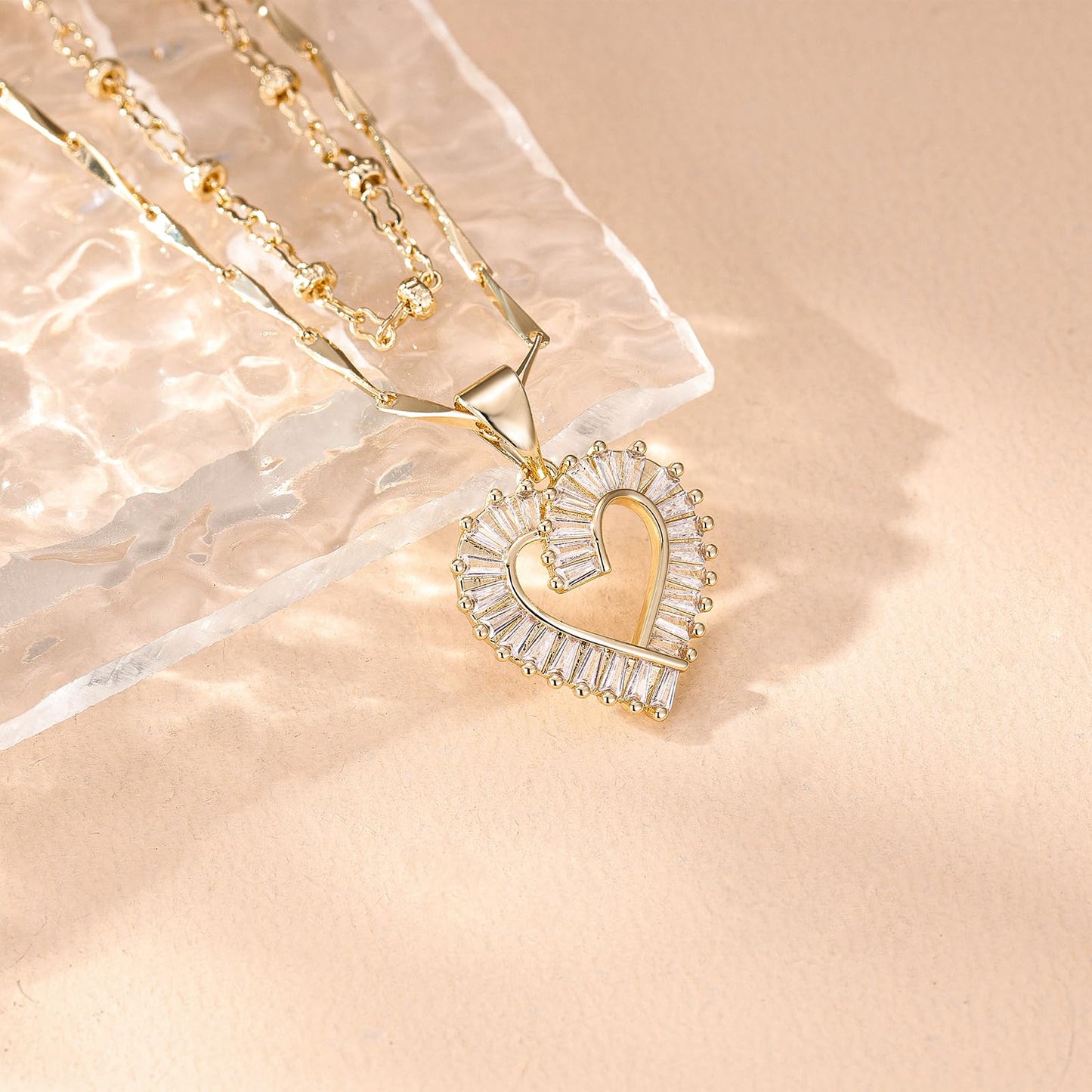 MEIITRUE Heart Necklaces for Women Trendy 14k Gold Plated Dainty Layered Necklace Set Cubic Zirconia Pendant Choker Beaded Chain Stackable Jewelry Gifts for Her
