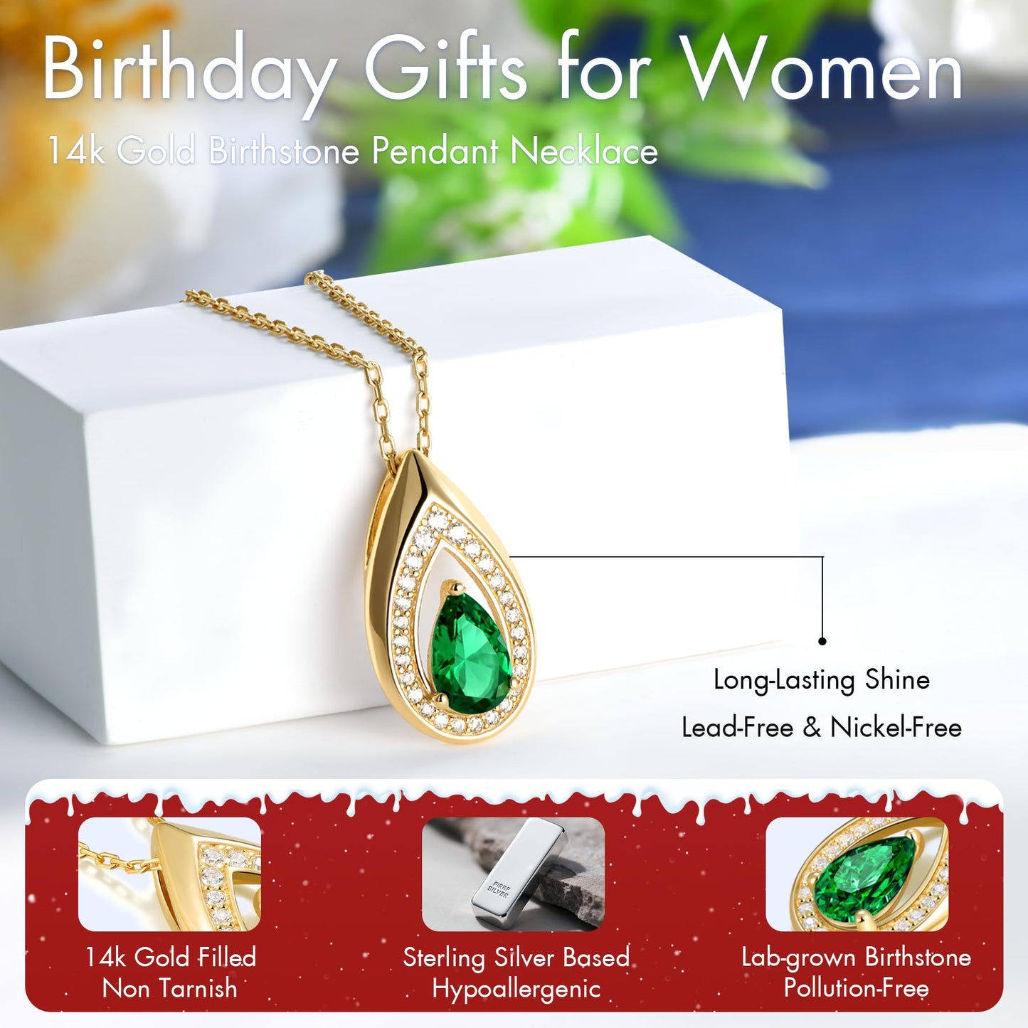 Kstyle 14k Gold Emerald May Birthstone Pendant Necklaces for Women Valentine's Day Birthday Gift Anniversary Jewelry for Wife Daughter Grandma Mom Sister Non Tarnish