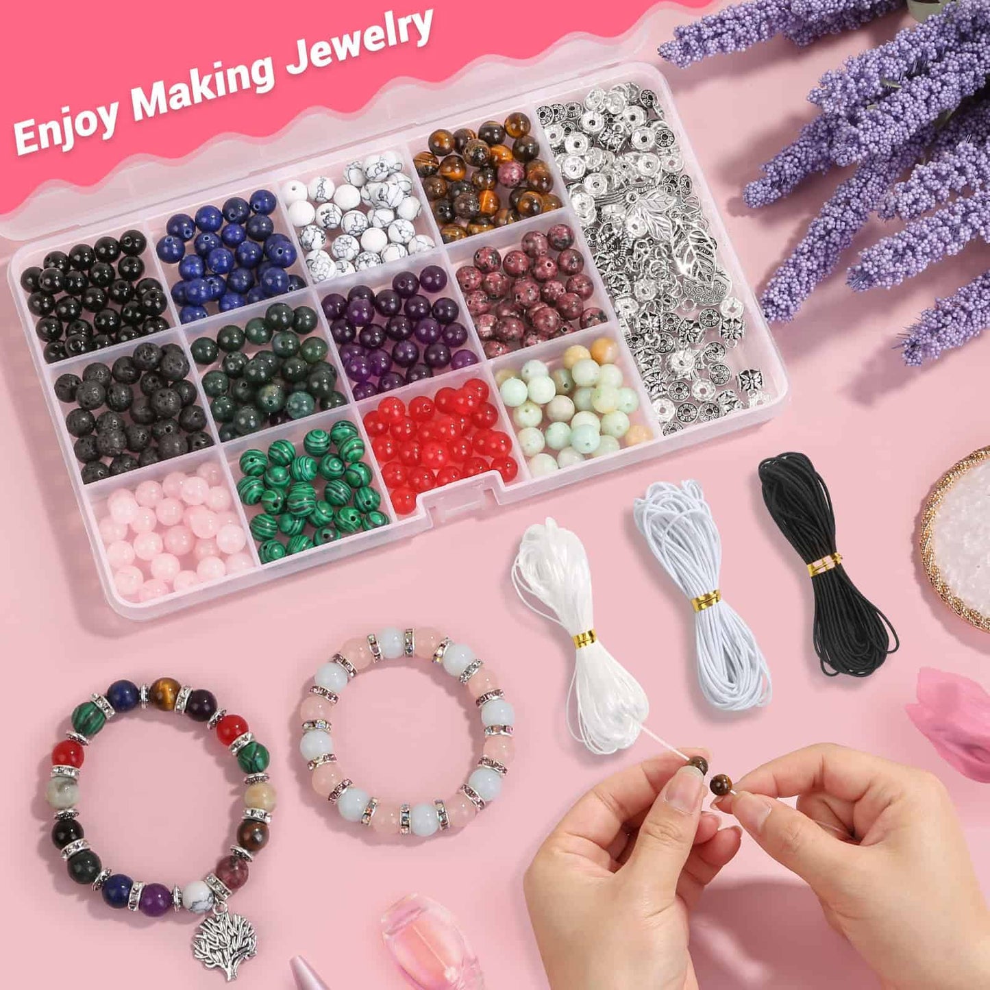 PAXCOO 473Pcs Stone Jewelry Making Kit Crystal Stone Bracelet Making Kit for Adults, Crystal Natural Healing Beads for Jewelry Making, Bracelet Making