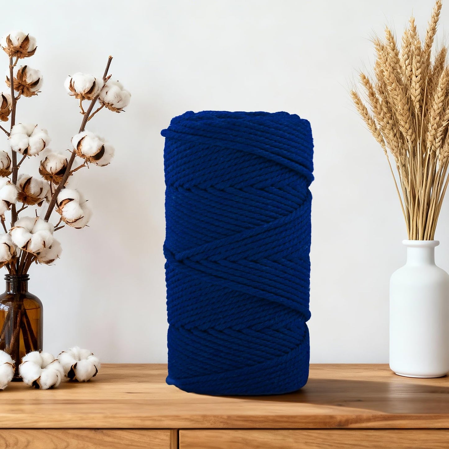 Natural Macrame Cord Cotton Rope with Wooden Beads & Rings, 6mm x109 Yards 4 Strand Twisted, Munzong Handmade Macrame Rope for Wall Hanging, DIY Craft, Knitting Plant Hanger(100m, Sapphire Blue)