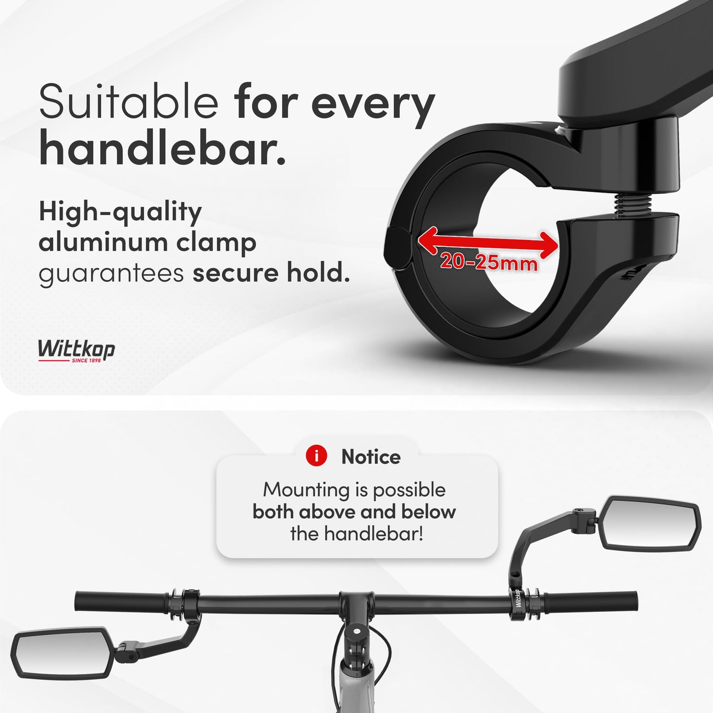 WITTKOP Bike mirror | Large HD field of vision | 360° rotatable & foldable | Mounting above & below | Break-proof & durable | ebike accessories, bike mirror handlebar mount, bicycle mirrors