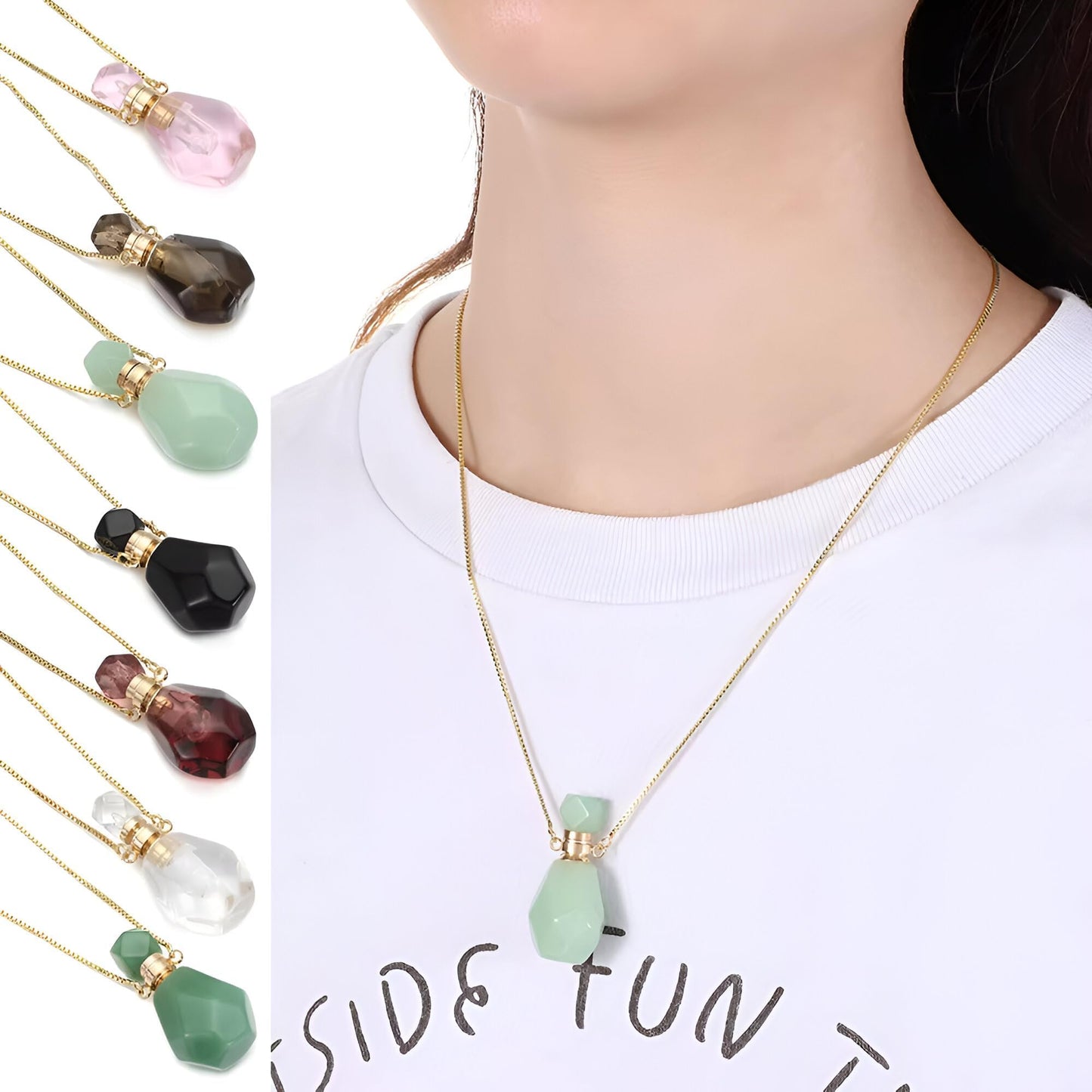 14K Yellow Gold Natural Stone Vial Necklace For Women - Glass Vial Pendant Necklace Water Drop Jar Perfume - Water Container For Liquid Oil Diffuser Jewelry