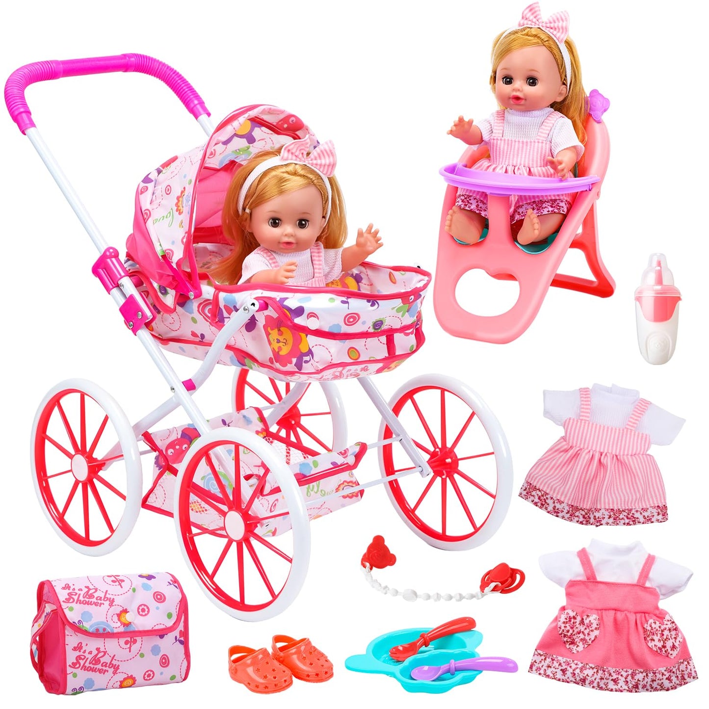 CUTE STONE Baby Doll Playset with Stroller for Girls – Pretend Play Baby Care Toy with High Chair, Clothes & Accessories
