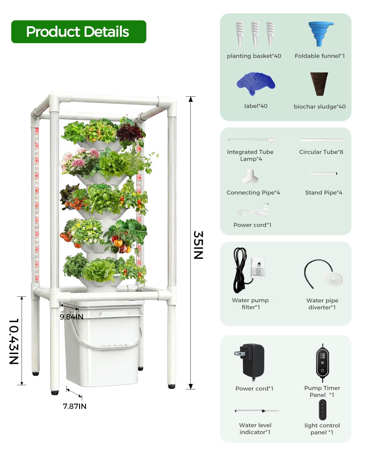 SJZX Hydroponics Growing System, Hydroponic Tower with Full-Spectrum Grow Lights, 5 Tiers Indoor Outdoor Garden Planter, Vertical Home Gardening Germination Kits for Vegetables, Fruits, Herb (25 Pods)