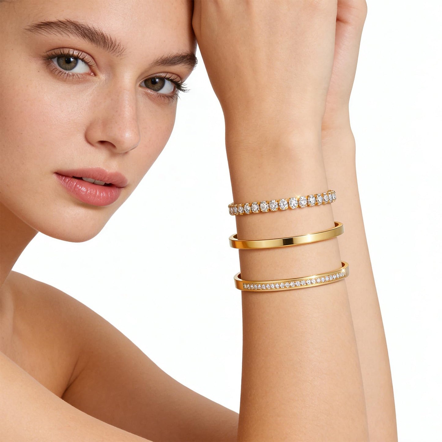 Camhanno Stackable Gold Bracelets for Women Stainless Steel Love & Friendship Bangle, Mothers Day Valentines Birthday Christmas Jewelry Gifts for Mom Her Wife Grandma(Gold Bracelet Stack 3pcs)