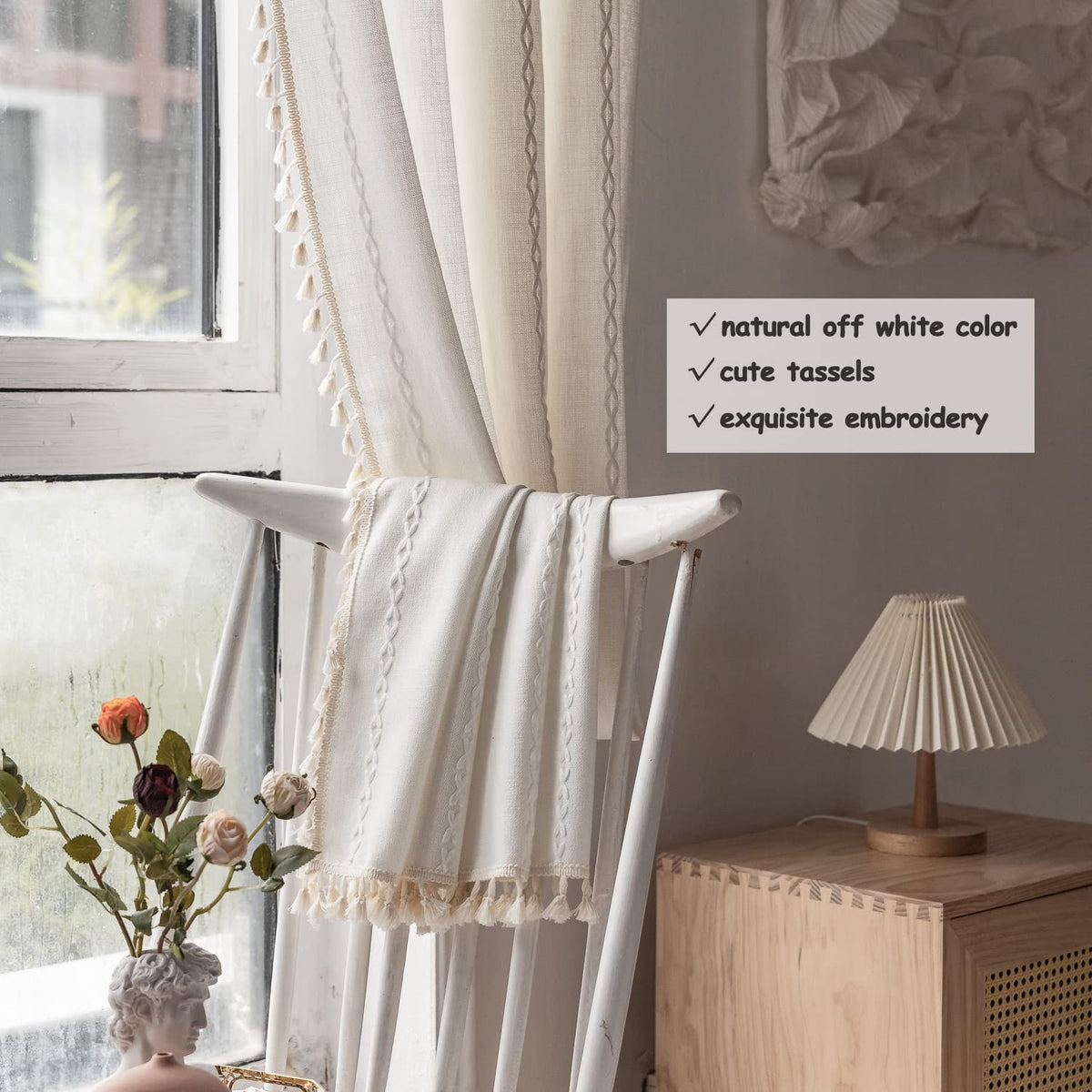 BCLBUSTE Boho Curtains - Embroidery Linen and Cotton 63 Inch Length 2 Pannels for Living Room, Cream Off White Light Filtering Farmhouse Curtains with Rod Pocket Draperies 52" W x 63" L