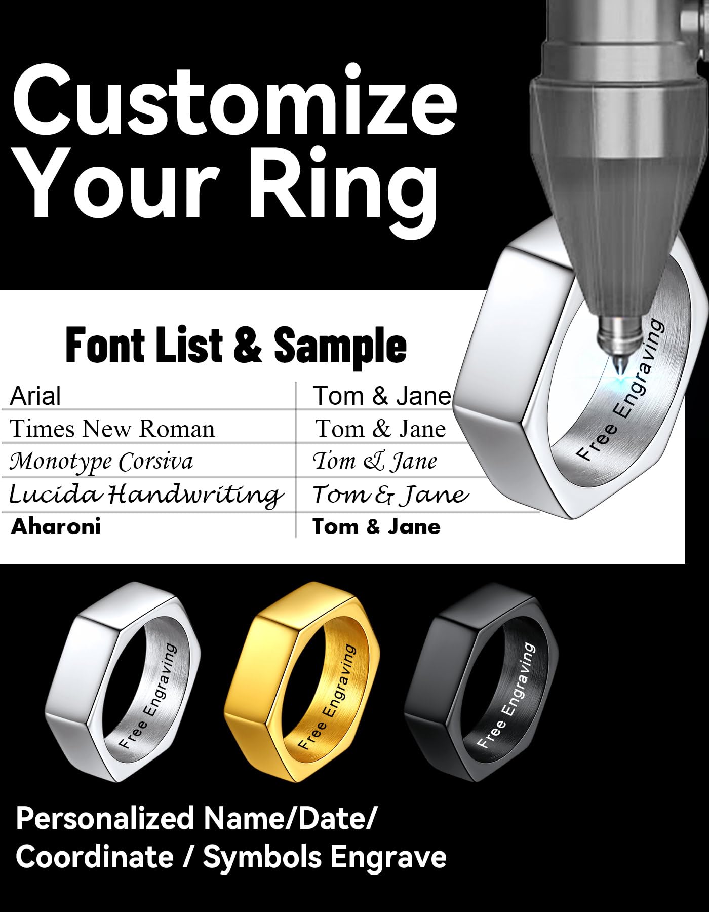 ChainsHouse Hexagon Ring Stainless Steel Geometric Biker Bands Custom Engraved Punk Jewelry for Men Women, Size 7
