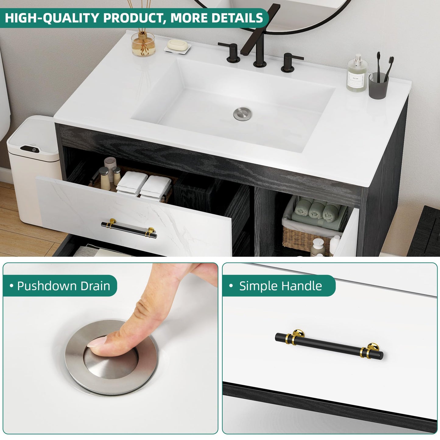 YITAHOME 36 Floating Vanity with Sink, Wall Mounted Bathroom Cabinet Vanity with Soft-Close System Cabinet, Marble Pattern, 2 Drawers & Pre-drilled Three Holes