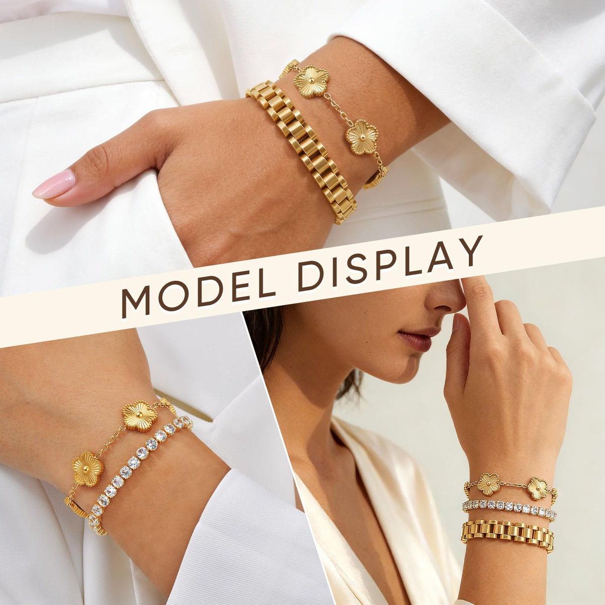 Stackable Gold Floral Bracelets Set - 3pcs 18K Gold Plated Bracelet Non-tarnish,Stainless Steel Link Chain Friendship Bracelet,Watch Band Trendy Jewelry,Christmas Valentines Birthday Gifts for Women