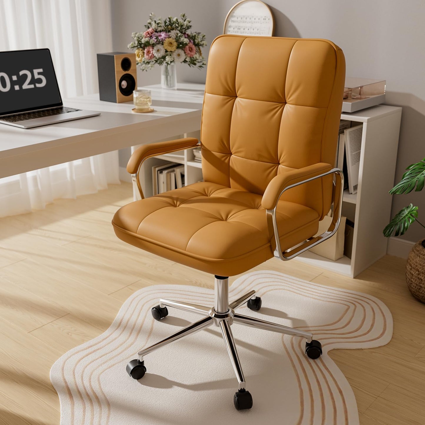 HomeZeer Brown Leather Office Desk Chair, Swivel Computer Home Office Desk Chair with Wheels and Padded Arms, Adjustable Height and Tilt