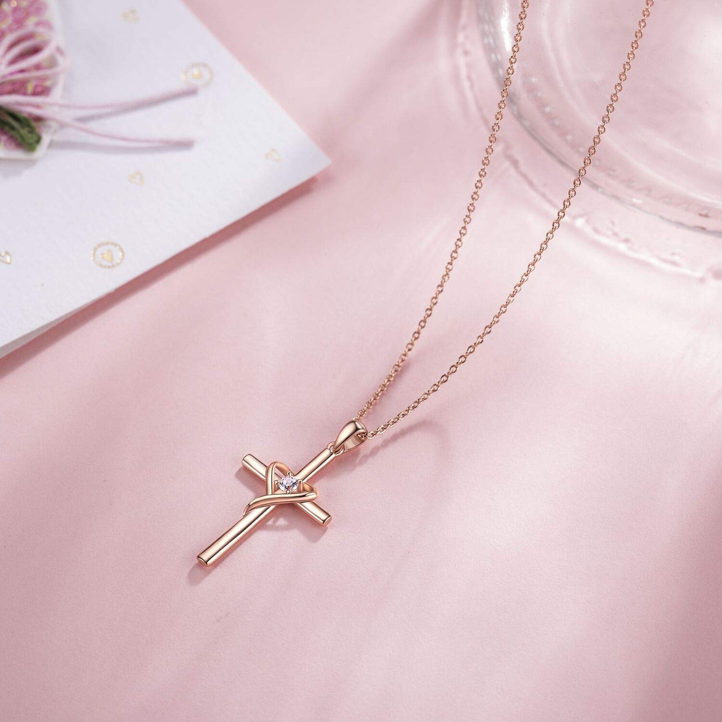 AmorAime 925 Sterling Silver Cross Necklace for Women Men 14K Gold Plated 5A CZ Birthstone Necklaces for Holiday (M-Rose Gold)