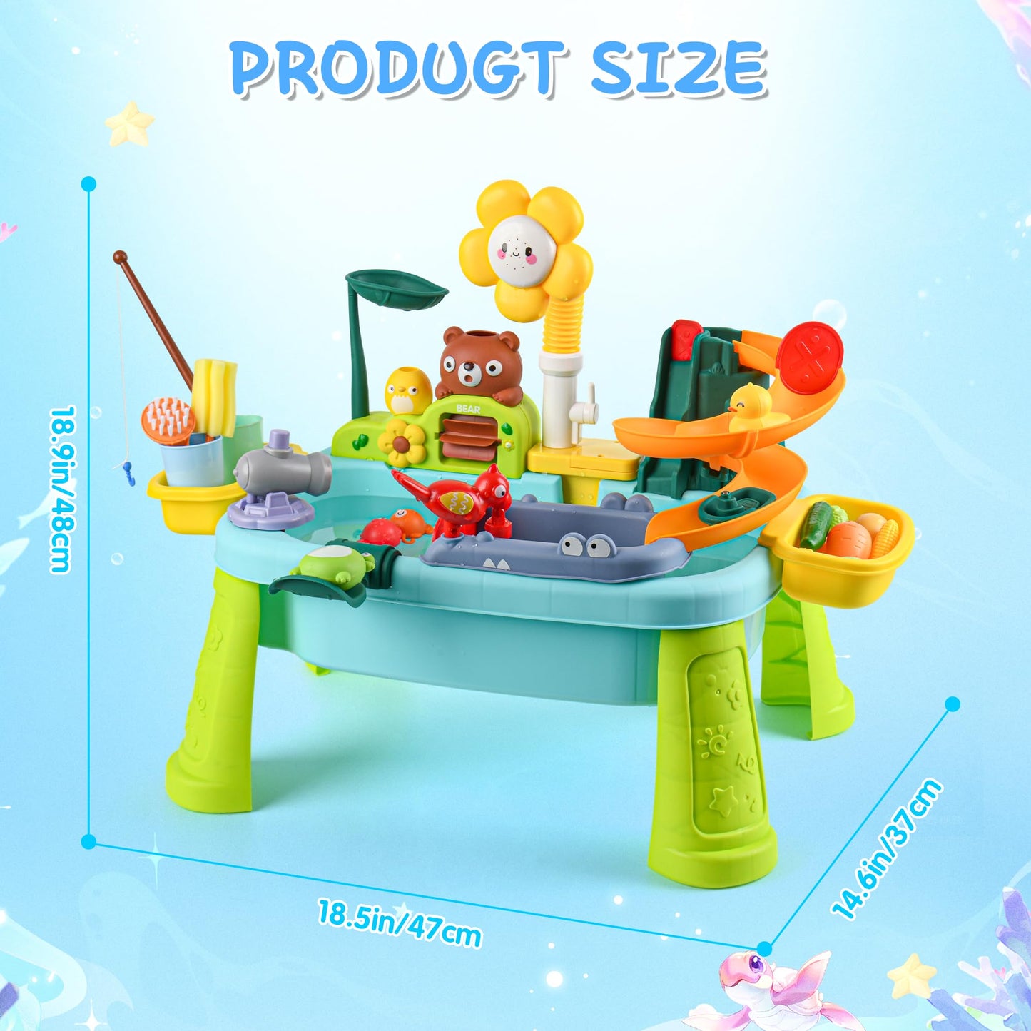 Upgraded Toddler Sand Water Table Toy with Electric Water Pump, Kids Sand Water with Faucet/Play Food Accessories/Fishing Toy, Kitchen Play Sink Toys for Girl Boy Age 3+ (Blue-Sunflower)