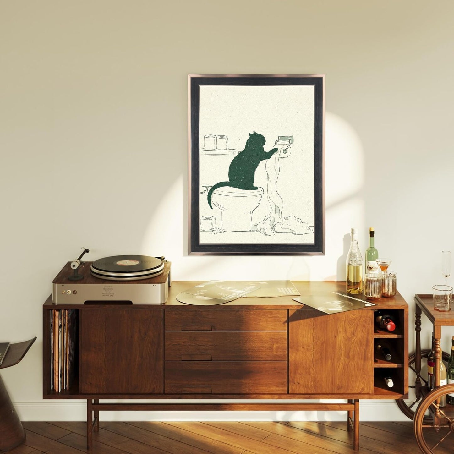Framed Funny Cat Bathroom Wall Art Minimal Black Cat Toilet Paper Sketch Line Drawing Canvas Print Humorous Decor for Bathroom Guest Toilet Ready to Hang 12inx16in