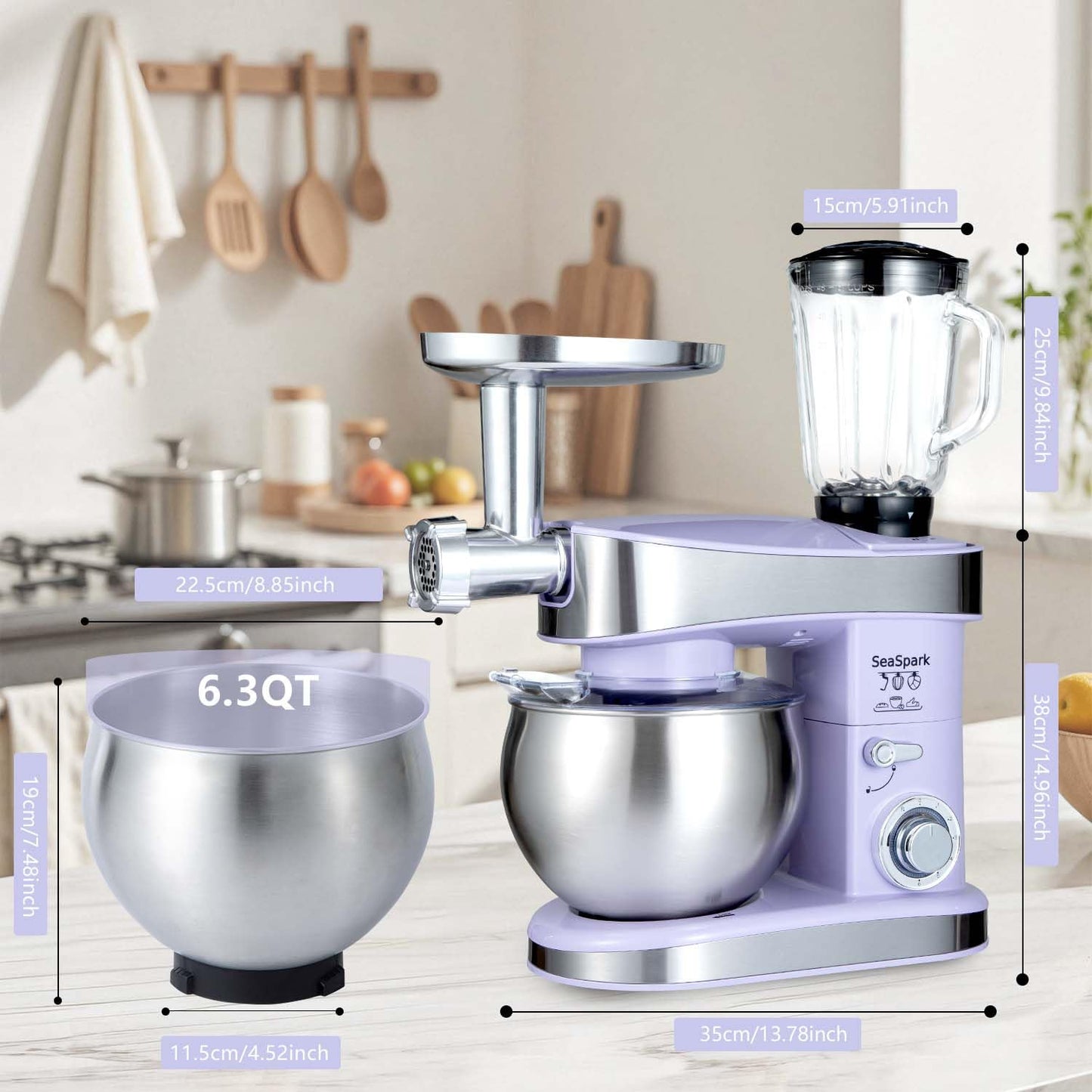 SeaSpark Multifunctional Stand Mixer, 6 in 1 Stand Mixer, 6.3Qt Tilt-head, Standing Mixer with Stainless Steel Bowl, Meat Grinder, Juice Blender, for professional Baking and Most Home Cooks, Purple